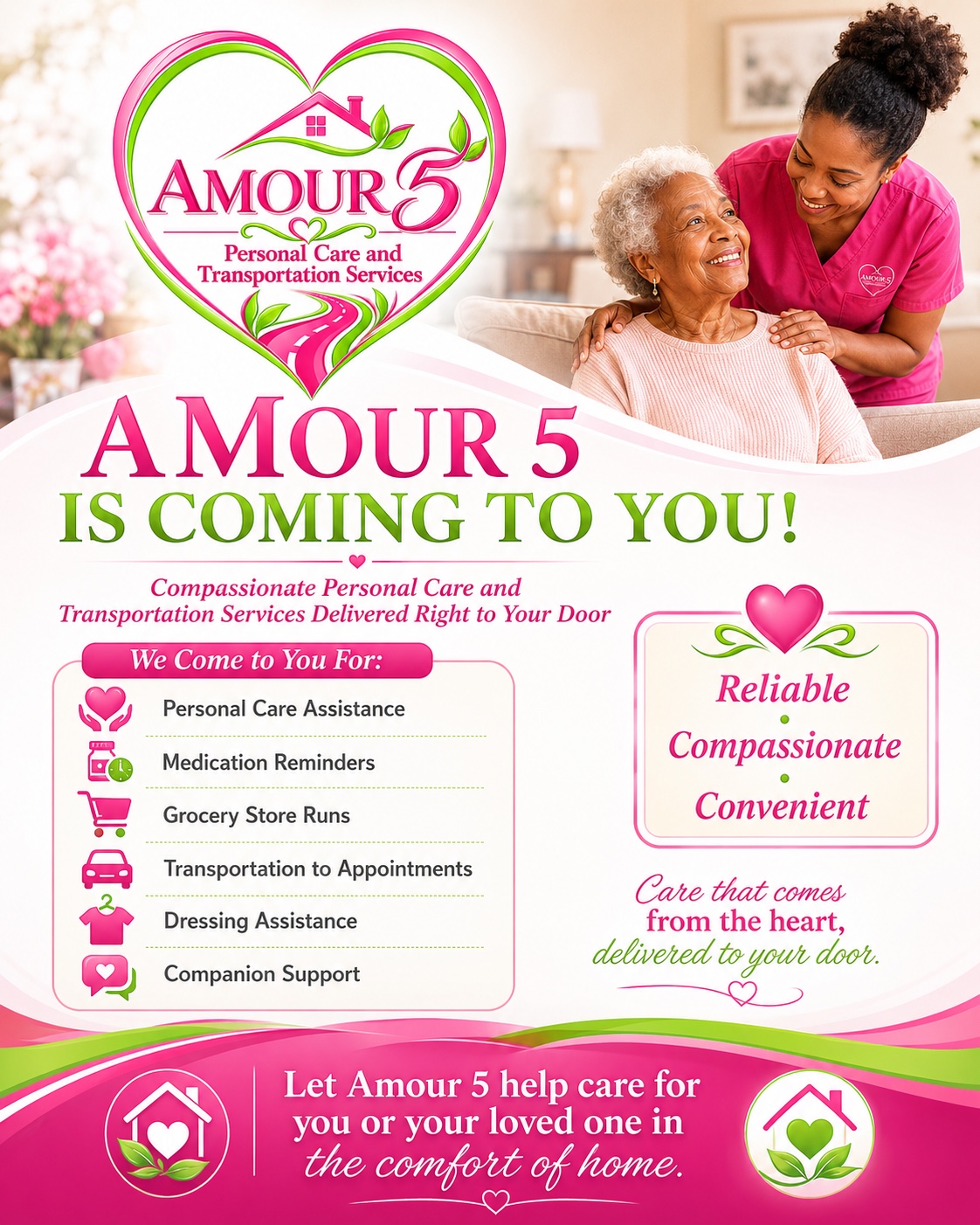 Amour 5 service flyer listing personal care, medication reminders, grocery runs, appointment transportation, dressing assistance, and companion support